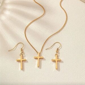 Gold Plated Cross Necklace and Earrings Set